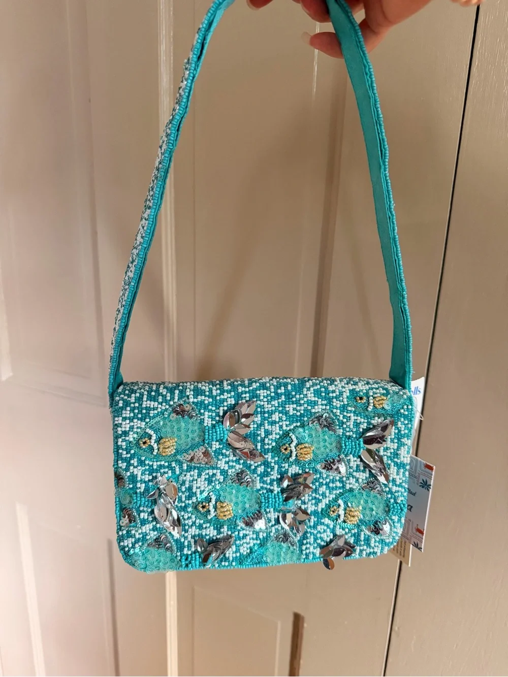 Turquoise beaded fish shoulder handbag sparkling silver fish handcrafted NWT